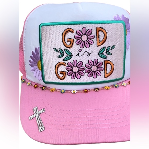 God Is Good Pink Floral Patch Trucker Hat Cap with Floral Chain - Picture 4 of 8